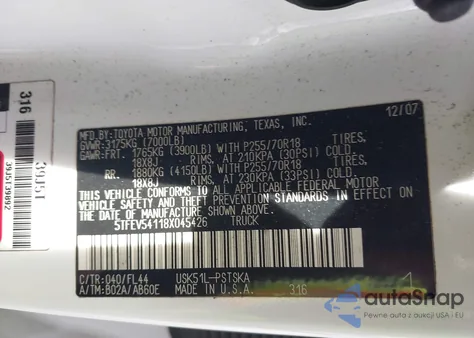 2008 Toyota Tundra Sr5 5.7L V8 from USA, damaged, VIN 5TFEV54118X045426